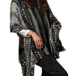 DEMDACO POM FRINGE BLACK WHITE GREY PONCHO CAPE OS Size 0X Photo 0