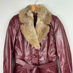 Vintage Leather Rabbitt Fur Trim Trench Tie Jacket Sz 5/6 Maroon Y2K Mob Wife Red Photo 2