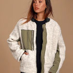 Free People  We The Free Rivington Olive Green and Ivory Sherpa Jacket Photo 0