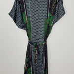 Japanese Brand Silk Blend Chain Print Dress Belted Green Black Short Sleeve XL Photo 0