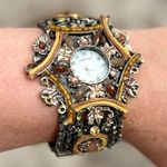 Vintage Narmi Watch Wrist Hinged Cuff Analog Boho Bejeweled Whimsical Silver Photo 0