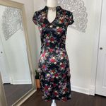 Vintage Colorful Floral Black Shinty Satin Cheongsam Bodycon Midi Dress S Photo 5