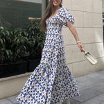 Printed Puffed Sleeve Smocked Tiered Midi Dress Blue/Cream / pink Women's Size L Blue Size L Photo 1