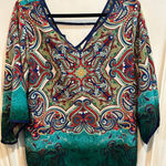 Pink Owl V-Neck 3/4 Sleeve Paisley Print Top Colorful Bohemian Blouse Photo 0