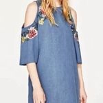 ZARA  denim collection floral embroidered & beaded cold shoulder dress size small Photo 0