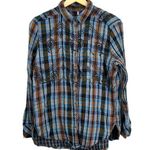 Free People Shirt Plaid Embroidered Blue Brown Western Style Small Photo 0