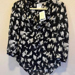HD in Paris  Anthropologie SZ 4 Petite Blouse Top Black White Print Ruffle V Neck Photo 0