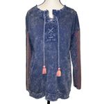 APNY Acid Wash Blue Embroidered Sleeve Lace Neck Boho Sweatshirt Size S Photo 1