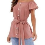 River Island T7 Off Shoulder Button Down Top with Belt Blush Pink Photo 0