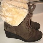 UGG  Women’s Zea Brown Leather Shearling Fur Cuff Waterproof Wedge Ankle Booties Photo 0