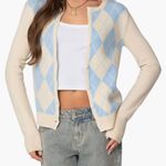 Edikted Blue and Cream Maybelle Argyle Button Up Cardigan NWT Photo 1