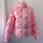 Petals and Peacocks Bubblegum Pink Collared Full Zip Puffer Jacket Size M Photo 0