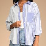 Lulus ‎ Nantucket Vibes White Striped Long Sleeve Button-Up Top Women's XL Blue Photo 0