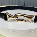 Chico's Chico’s Black Leather Belt with Sculptural Gold Hook Buckle – Size S/M Photo 10