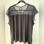 Anne Klein  Black Short Flutter Sleeve Blouse Sheer Polka Dot Yoke Size 2X Photo 1