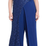 R & M Richards 14P Navy Lace Sequin Jumpsuit One Shoulder Formal Petite Evening Photo 0