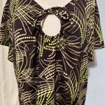 KC Stevens Brown Green Dot Swirl V Neck Keyhole Knot Tie Short Sleeve Top 2X Size XXL Photo 1