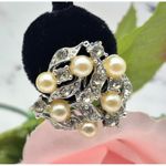 None Silver Tone Crystal & Faux Pearl Cluster Earrings Screw Back Formal Beautiful 1" Photo 2