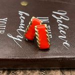 Orange Rectangle Clip On Earrings Retro 1980s Gold Tone Photo 3