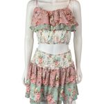 fab'rik  Floral Two Piece Set Smocked Ruffle Crop Top Mini Skirt Pink Green M/ L Photo 1
