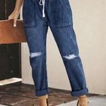 Floral Blooming Size M Boyfriend Jeans Blue Denim Distressed Busted Knee Pull On Photo 0