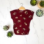 MINE Women's Floral Print V Neck Cap Sleeve Blouse Top Burgundy Medium Red Size 8 Photo 3