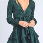 The Impeccable Pig  Womens Ruffle Mini Dress Size M Green V-Neck Long Sleeve Photo 0