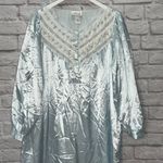 Vintage Nicole Nightgown Long Sleeve Satin Shiny Blue Size L Floral Lace Union Size L Photo 1