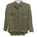 The Post Distressed Denim Jacket Khaki Green Raw Hem Pockets Button Front Size S Photo 0