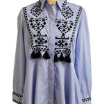 ZARA WOMAN sz SMALL Oxford Blue White Stripe Button Embroidery Tassels Photo 0