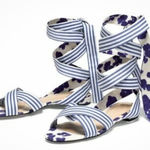 CAbi  Watercolor Tied Up Sandals Shoes Blue White Stripe Floral Size 8 Photo 0