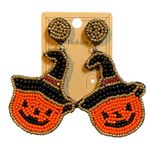 Halloween‎ Earrings Beaded Pumpkin Witch Hat Gold Tone Dangle Drop Seed Bead New Orange Photo 0