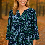 Belle by Kim Gravel Bohemian Floral Frenzy Tunic Top Blue Green Fall Outfit Size L Photo 0