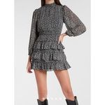 EXPRESS  Black & White Speckled Smocked Mock Neck Tiered Ruffle Mini Dress Size L Photo 1