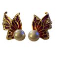 Enamel Butterfly purple pink Gold faux Pearl Earrings Fairy core fancy Glam Photo 2