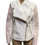 Guess Pink White Faux Leather Moto Jacket Gold Exposed Zipper Womens Small Photo 0