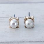 Vintage Stud Earrings Faux Pearl with Square Gold Tone Halo Photo 1