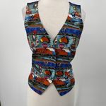Vintage 90s Nicole Miller Silk Vest Australia Pattern Black Blue Red NEW Large Photo 8