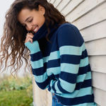 Lands' End Lands’ End 100% Cashmere Turtleneck Sweater in Deep Sea Navy/Aqua Stripe XLT Photo 0