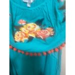 JODIFL Turquoise Embroidered Floral Off Shoulder Pom Pom Top Medium Photo 4