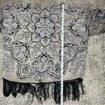 Hale Bob  Silk Fringe Velvet Burnout Kimono Medium Blue Black Paisley Sheer Boho Photo 8