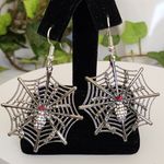 Silver Spider Web with Crystal Spider Dangle Earrings New Photo 2