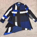 Chico's  Size XL‎ Tunic Top Asymmetrical Geometric Print Blue White Black Office Photo 0