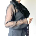 Y2K Faux Fur Collar Sheer Chiffon Tie Front Blouse Size Large Black Photo 1