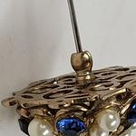 Antique Rhinestone Seed Pearl Hat Pin 4" Metallic Blue Golden Flower Lapel Stick Gold Photo 11