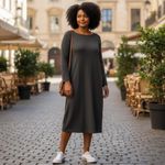 Eileen Fisher Gray Long Sleeve Jersey Knit Midi Dress Size L Minimalist Style Photo 1