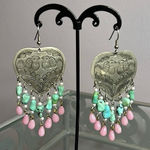 Vintage large silvertone hearts with birds boho statement beaded earrings Pink Photo 0