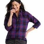 L.L.Bean Zip Placket Plaid Flannel Popover Shirt Womens XL Purple Blue Red Photo 0