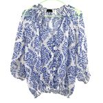 BCBG Maxazria Size Medium Blouse Blue‎ White Ruched Long Sleeve Semi Sheer Photo 0