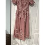 Pink Lace Embroidered Short Sleeve Midi Dress With Tulle Overlay & Ribbon Tie Ba Size undefined Photo 6